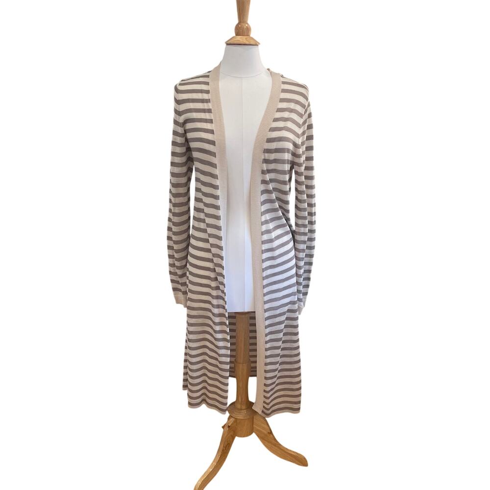 Chico's Tan, Ivory Lightweight Striped Long Open Front Cardigan Sweater, M